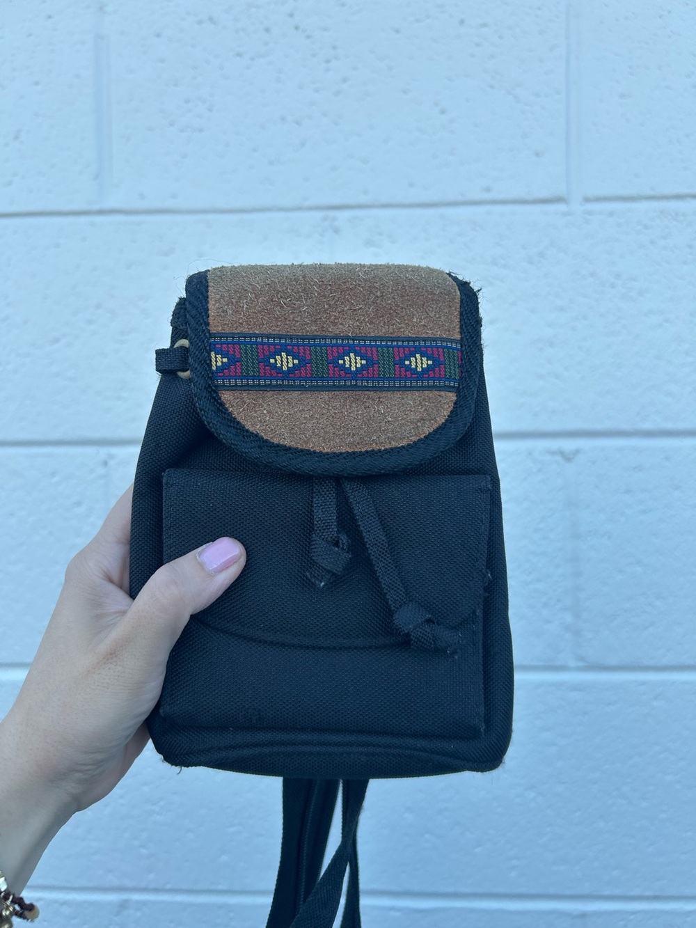 Small Black Canvas Crossbody Bag with Brown Suede Flap